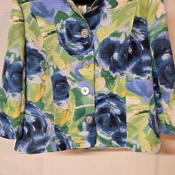 Christopher & Banks Women L Blue Green Floral Waffle Blazer Button Spring Jacket - Picture 5 of 11